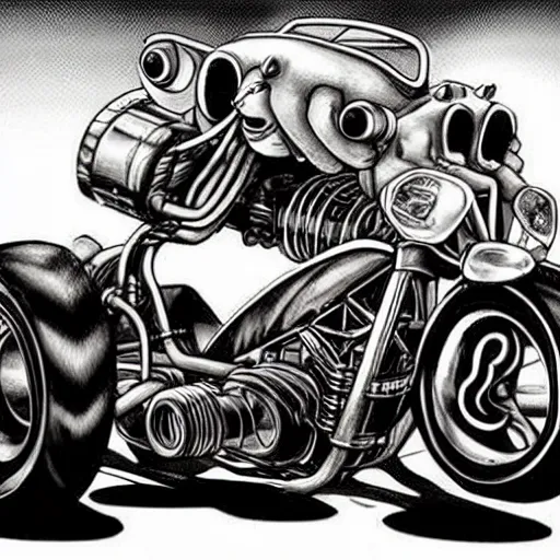 Prompt: giant hotrod drinking oil like a beer, in the style of Ed Roth