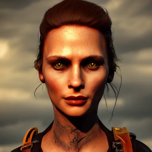 Image similar to beautiful young harpy, leather top, full round face, short smile, golden hour, post apocalyptic setting, medium shot, mid-shot, highly detailed, trending on Artstation, Unreal Engine 4k