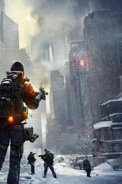 Prompt: portrait of an agent from (Tom Clancy's The Division), (snowy new york in background), fires in background, high detail, digital art, matte painting, trending on artstation, by Tom Garden, by Marek Okon, by Abrar Khan
