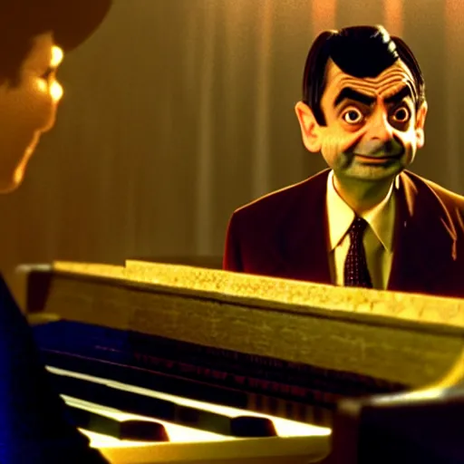 Image similar to mr. bean playing a synthesizer. movie still. cinematic lighting.