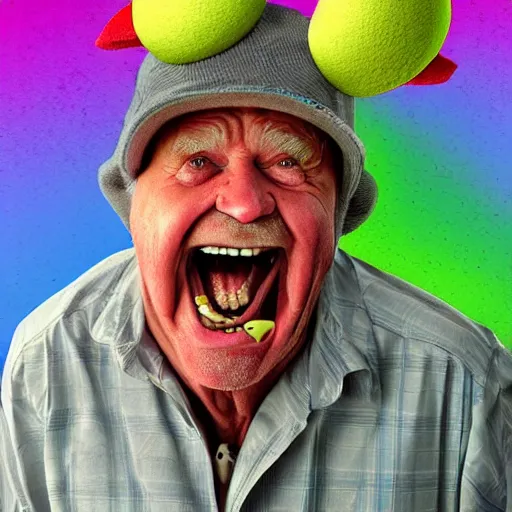 Image similar to a hilarious grumpy old man wearing a funny hat and has the expression of screaming and yelling, shaking his fist at those darn kids again! Digital art, humorous