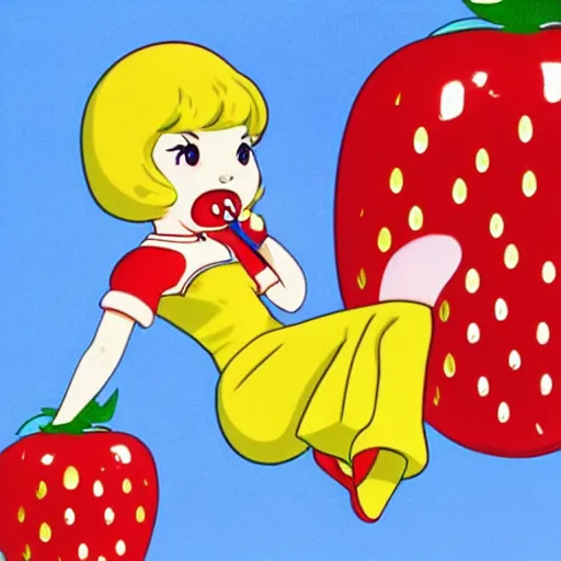 Image similar to a very cute, adorable strawberry character with only two front teeth, holding a yellow toothbrush, in the style of hiroshi nagai