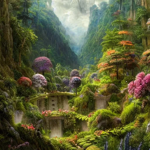 Image similar to a beautiful and highly detailed matte painting of a fantasy floral garden in a fantastic forest in the lush valley high in the most epic mountains ever, intricate details, epic scale, insanely complex, 8 k, sharp focus, hyperrealism, very realistic, by caspar friedrich, greg rutowski, james gurney