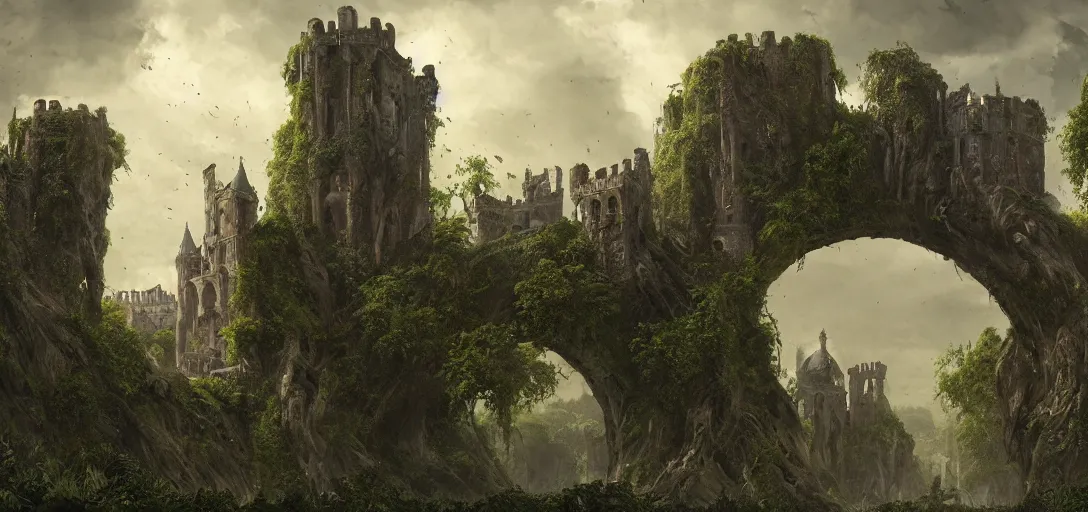 Image similar to gigantic castle, arches adorned pillars, towers, archways, gnarly trees, lush vegetation, forrest, landscape, raphael lacoste, eddie mendoza, alex ross, concept art, matte painting, highly detailed, rule of thirds, dynamic lighting, cinematic, detailed, denoised, centerd