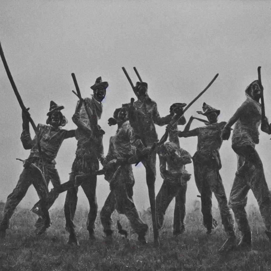 Image similar to circa 1 9 7 0 s restored 1 3 mm film photograph of a group of clowns in a field holding machetes at night, liminal, dark, thunderstorm, dark, flash on, blurry, ominous lighting