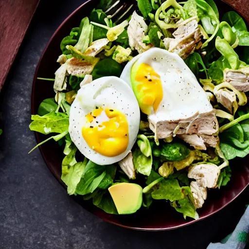 Image similar to chicken salad with avocado and poached egg, food photography