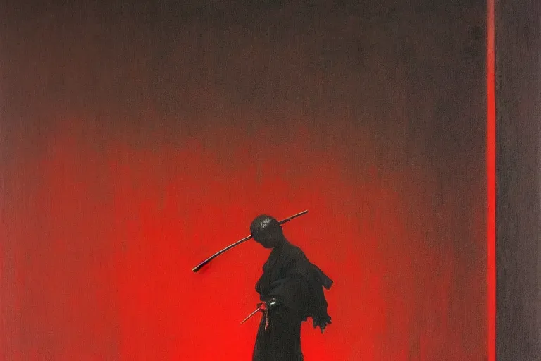 Image similar to only with red, a red samurai harakiri, tokio, a lot of frogs watch, in the style of beksinski, parts by edward hopper, parts by rodcenko, parts by yue minjun, intricate and epic composition, red by caravaggio, insanely quality, highly detailed, masterpiece, red light, artstation, 4 k