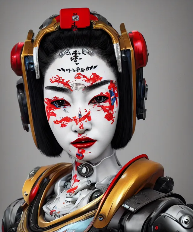 Image similar to an epic fantastic realism comic book style portrait painting of a japanese robotic geisha with kanji tattoos and decals, apex legends, octane render, intricate detail, 4 k hd, unreal engine 5