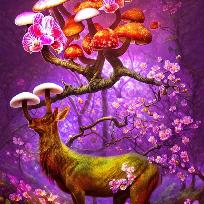 Image similar to extremely psychedelic animal made of orchid and cherry blossom tree and mushroom, LSD elk, diffuse lighting, fantasy, intricate, elegant, highly detailed, lifelike, photorealistic, digital painting, artstation, illustration, concept art, smooth, sharp focus, art by John Collier and Albert Aublet and Krenz Cushart and Artem Demura and Alphonse Mucha