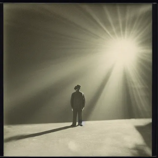 Image similar to wide angle, old polaroid of a man being illuminated by few sun rays, black and white