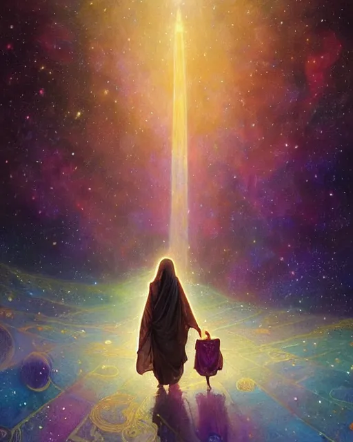 Image similar to bedouin child praying in galaxy walking towards mosque surrounded by nebula, highly detailed, gold filigree, romantic storybook fantasy, soft cinematic lighting, award, disney concept art watercolor illustration by mandy jurgens and alphonse mucha and alena aenami, pastel color palette, featured on artstation