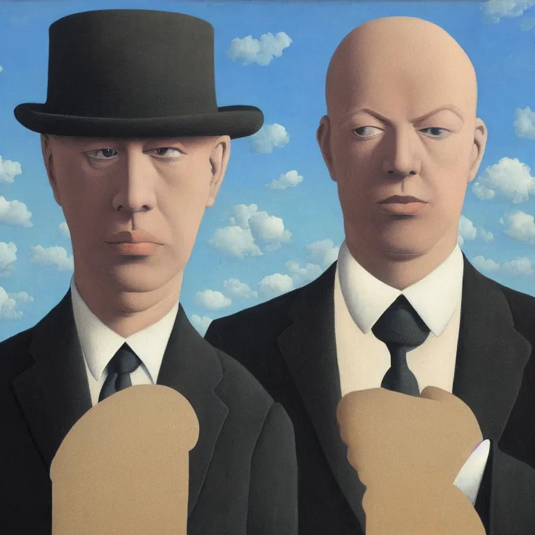 Image similar to portrait of a faceless shadow - head man in a suit, clouds in the background, by rene magritte, detailed painting, distance, centered, hd, hq, high resolution, high detail, 4 k, 8 k