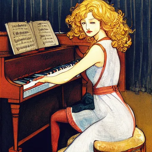 Prompt: girl with curly blonde hair sitting at a piano, art by rebecca guay