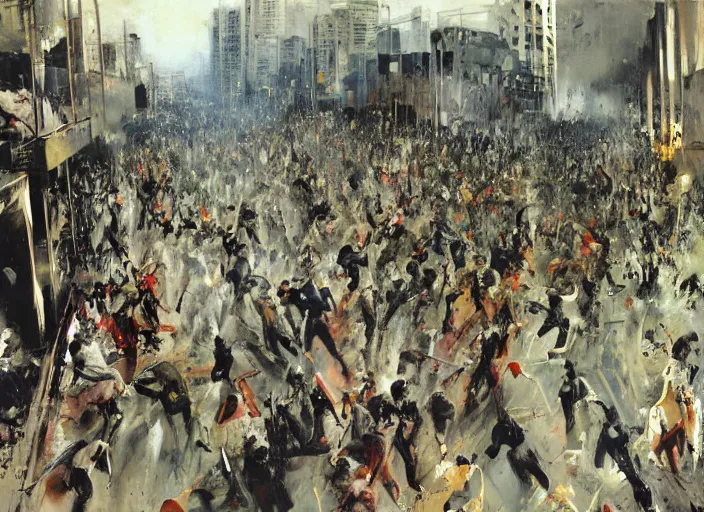 Image similar to a crowd of people running at full speed protesting in a burning and dystopian santiago chile by john berkey and manet