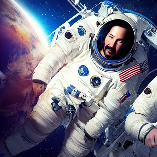 Prompt: keanu reeves in space with astronauts, instagram photo, instagram selfie full hd, 8 k, unreal engine, octane render, hyper detailed, hyper realistic, photorealistic, vfx, houdini, full body