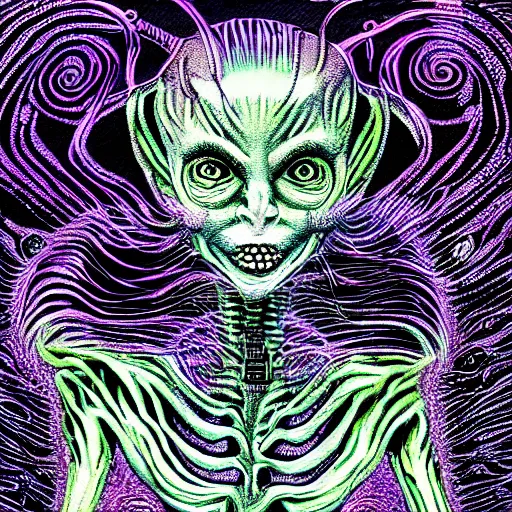 Prompt: closeup of an adorable cyber demoness, cute, eldritch woman abomination of unimaginable horror by alex grey and junji ito, speculative evolution, psychedelic illustration