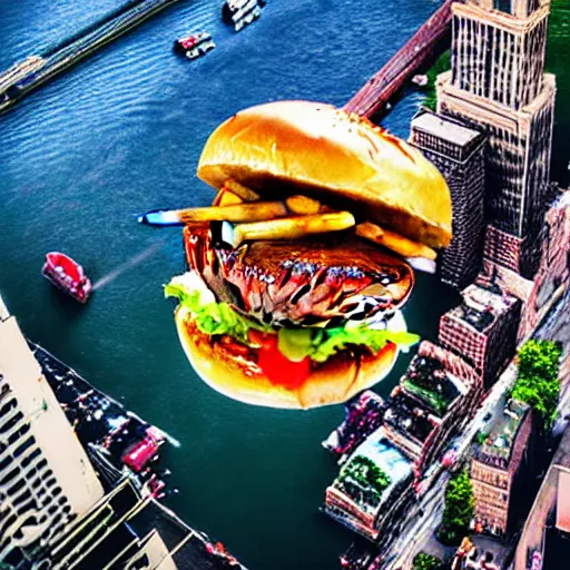 Image similar to giant delicious burger and fries splashes into New York city river, mind-bending digital art, macro photography 25mm, hollywood movie cinematic helicopter view