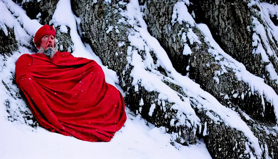 Image similar to 1 9 6 0 s movie still close up of marcus aurelius tired in a royal amor with red cape frozen to death under the snow by the side of a river with gravel, pine forests, cinestill 8 0 0 t 3 5 mm, high quality, heavy grain, high detail, texture, dramatic light, anamorphic, hyperrealistic, detailed hair, foggy