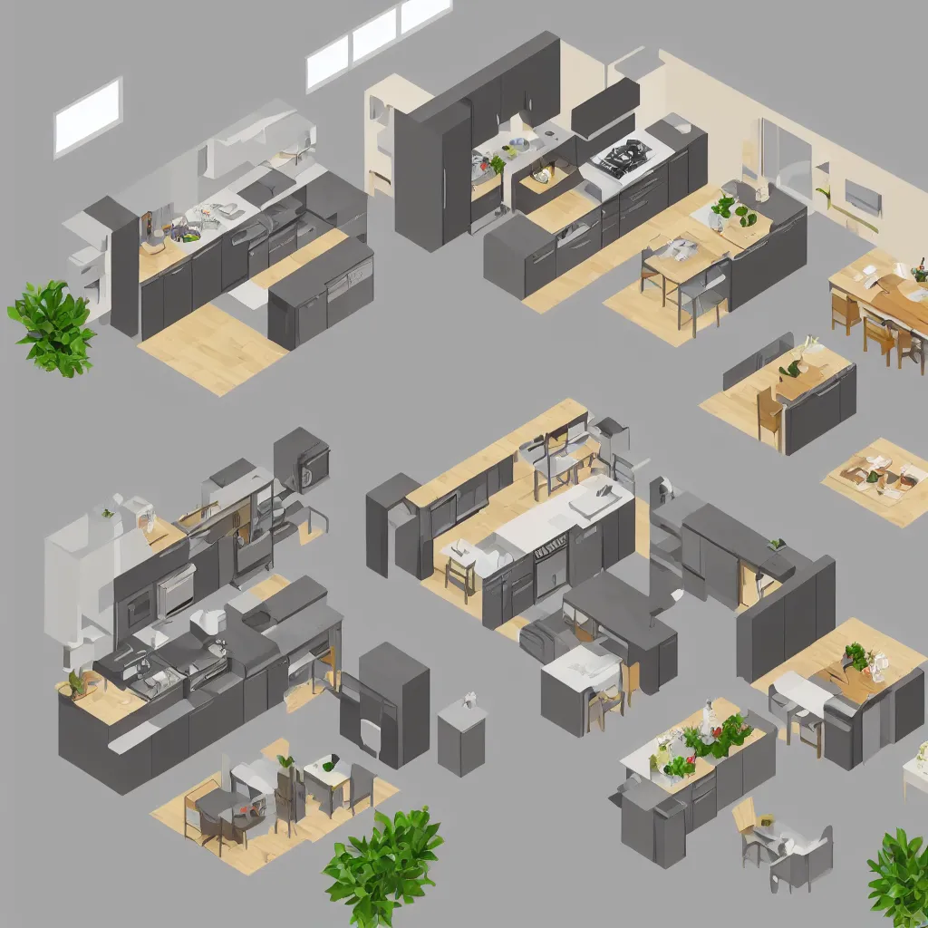 Prompt: isometric view of a kitchen and living room inside a house