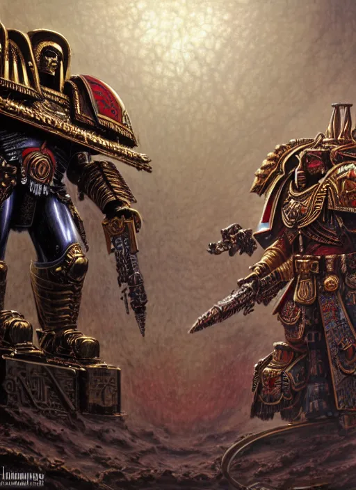 Prompt: wide shot of the emperor of mankind and horus, intricate, warhammer, warhammer 4 0 k, highly detailed, digital painting, concept art, sharp focus, illustration, muted colors, grim dark, moody, gloomy, art by john blanche, by pedro nunez, by jaime martinez, by nacho molina