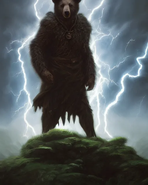 Image similar to oil painting of Anthropomorphized Bear Shaman casting spell, magical runes flying, wearing fur cloak, sharp focus, lightning storm background, magical aura, evil, heroic pose, fantasy style, octane render, volumetric lighting, 8k high definition, by greg rutkowski, highly detailed, trending on art Station, magic the gathering artwork, Thunderstorm background, centered, dramatic artwork