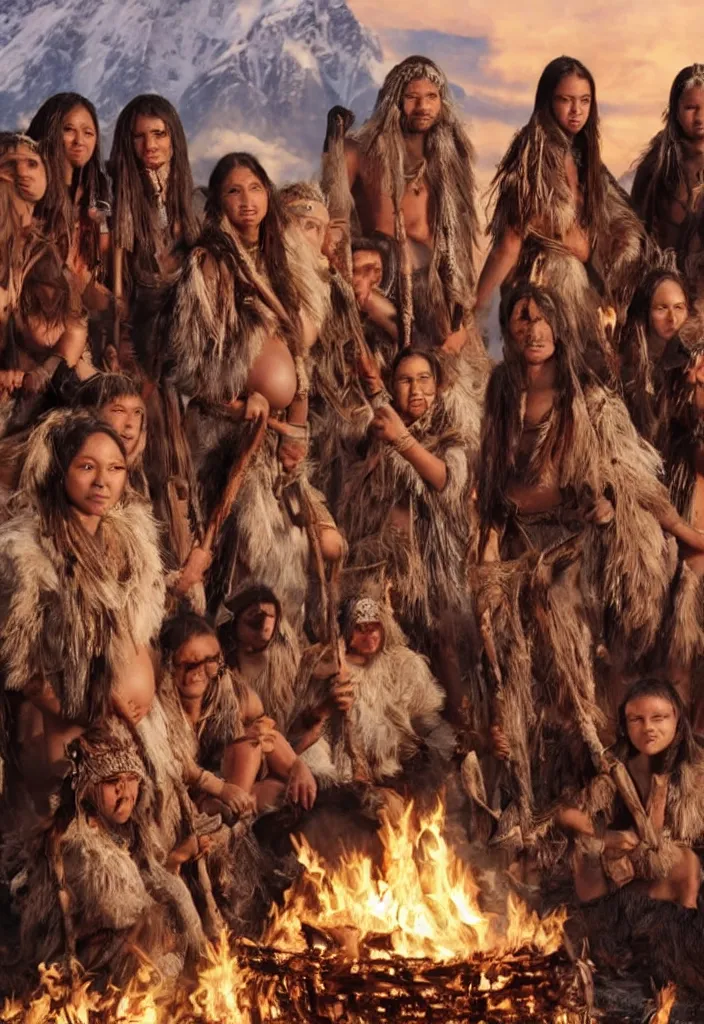 Image similar to realistic bonfire tribe gather with a pregnant woman as her leader, intense blue eyes, realistic, antartica