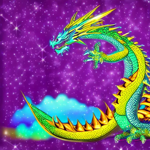 Prompt: magnificent crystal dragon, silky purple in color, rainbow Starburst background, focus on dragon