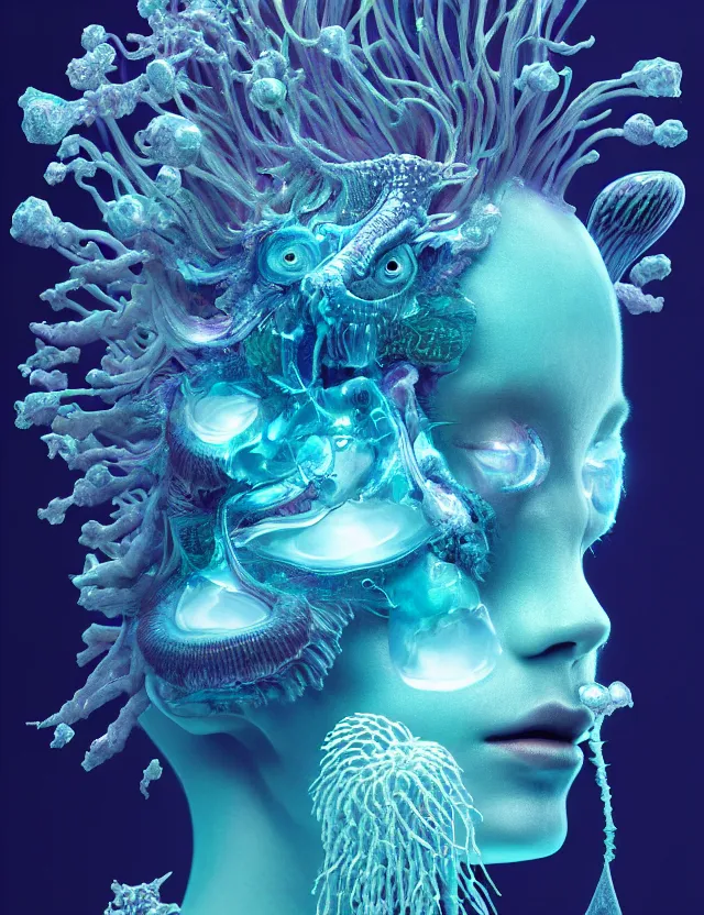 Image similar to 3 d goddess macro close - up portrait wigh crown made of ram skull. betta fish, jellyfish phoenix, bioluminiscent, plasma, ice, water, wind, creature, super intricate ornaments artwork by tooth wu and wlop and beeple and greg rutkowski