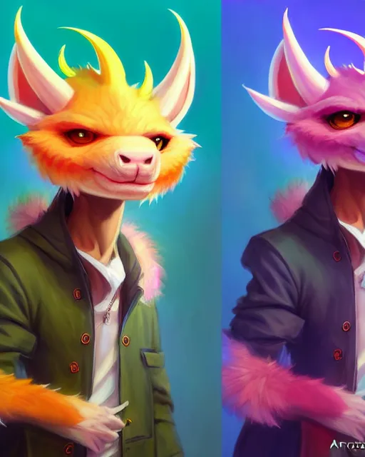 Image similar to character concept art of a cute young male anthropomorphic colorful furry dragon | | cute - fine - face, pretty face, key visual, realistic shaded perfect face, fine details by stanley artgerm lau, wlop, rossdraws, james jean, andrei riabovitchev, marc simonetti, and sakimichan, trending on artstation