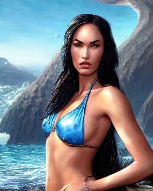 Prompt: megan fox wearing a shell bikini, atlantis in the background, photorealistic, highly detailed face, realistic face, beautiful detailed eyes, fantasy art, in the style of greg rutkowski, illustration, epic, fantasy, intricate, hyper detailed, artstation, concept art, smooth, sharp focus, ray tracing, vibrant,