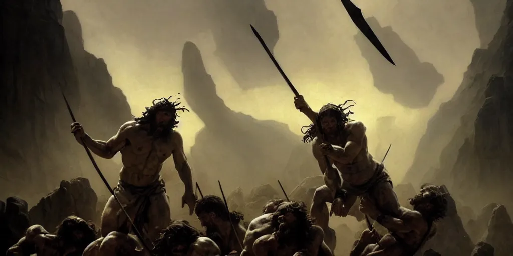 Prompt: realistic painting of biblical Cain stabbing Abel in the chest with a spear, a stone altar with white smoke ascending in the background, masculine and rugged, inspired art by Frazetta + facial symmetry + dramatic volumetric lighting, 8k octane render, intricate, epic composition, grim yet sparkling atmosphere, cinematic lighting + masterpiece, trending on artstation, very detailed, masterpiece, stunning