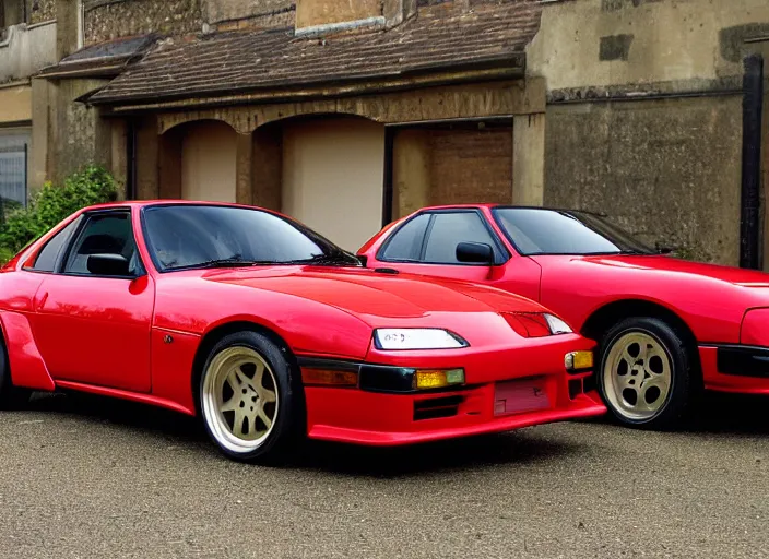 Prompt: Cannon photo of red Toyota supra Mark 2 A60 MK2 pop up headlights made in 1982 front sideview parked on street