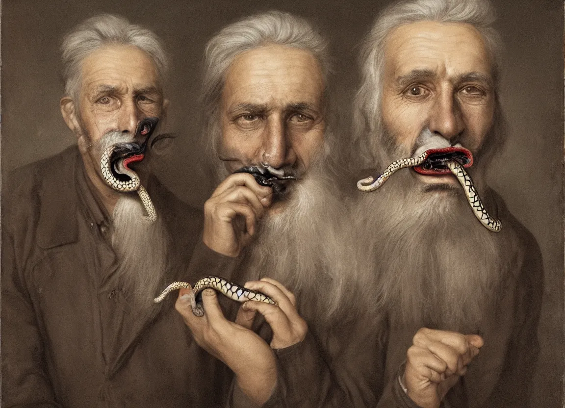 Image similar to Highly detailed portrait of a man with gray hair, a black eye patch, and a snake in his mouth