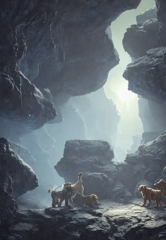 Prompt: a small party of adventurers attacked by mastiffs while exploring a claustrophobic dark blue canyon of stone, oil painting, greg rutkowski, unreal engine, octane render, highly detailed