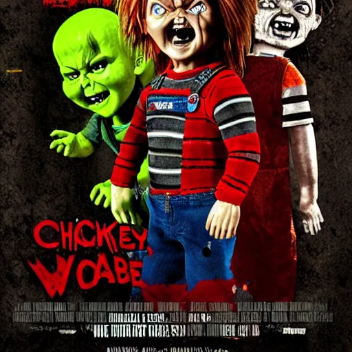 Prompt: Chucky versus Zombies movie poster