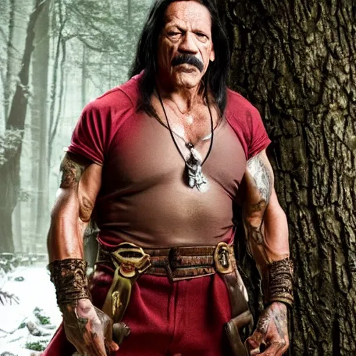 Image similar to danny trejo as snow-white i a magical forest