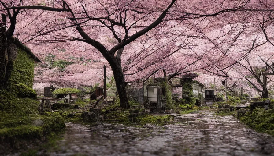 Prompt: abandoned japanese village, cherry blossoms, rainy day, hyperdetailed, artstation, cgsociety, 8 k