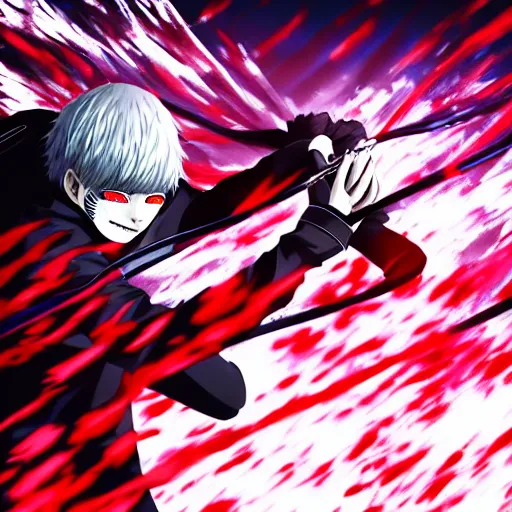 Image similar to kaneki using his centipede kagune to fight jason in tokyo ghoul, still, landscape, hd, dslr, hyper realistic, anime, illustration