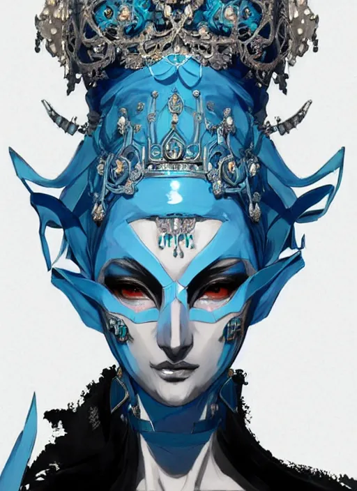 Prompt: beautiful queen in an elaborate full - face mask and ornate pale blue dress, gray hair. in style of yoji shinkawa and hyung - tae kim, trending on artstation, dark fantasy, great composition, concept art, highly detailed, dynamic pose, vibrant colours.