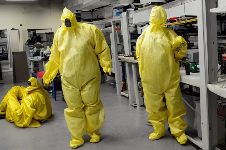 Prompt: a man in a yellow hazmat suit looks on helplessly as a huge slimy meat monster grows out of control in a creepy basement lab full of science and computer equipment