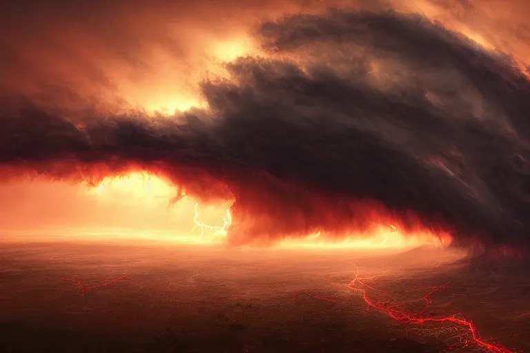 Image similar to photo of monstrous tornado, night, backlit, red sprites, hyperdetailed, artstation