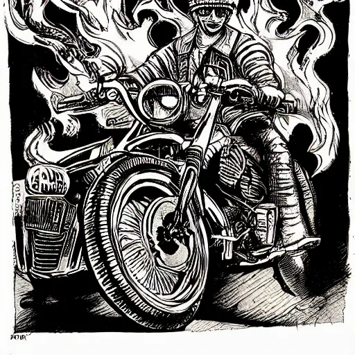 Prompt: hells angel biker riding through a burning street, intricate ink drawing, highly detailed in the style of jamie hewlett