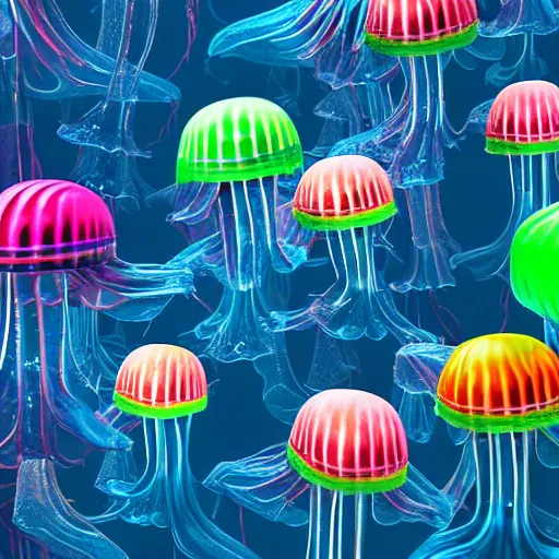 Image similar to hamburger mix jellyfish, cg, 8 k, super real, sharp focus, style by andy warhol