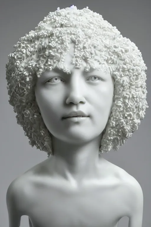 Prompt: full head and shoulders, beautiful female porcelain sculpture by daniel arsham and raoul marks, smooth, all white features, gold massive hair, on a white background, delicate facial features, white eyes, white lashes, detailed white, lots of 3 d giant lillie's on the head