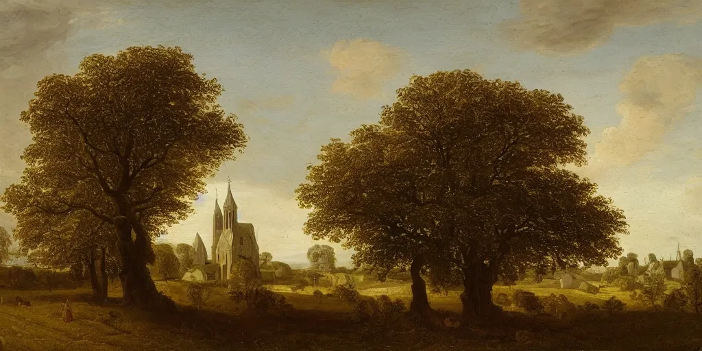 Image similar to a beautiful landscape painting of a giant tree next to a church in the fields, by jan van goyen, oil on canvas, highly detailed, hd, 4 k