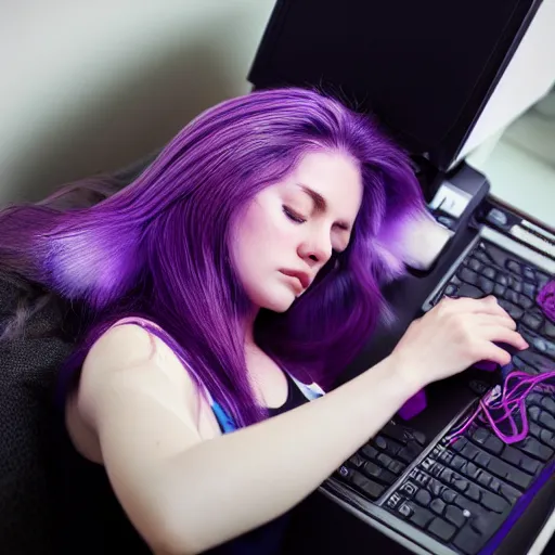 Image similar to beautiful purple - haired female sleeping at desk on computer, wearing headphones, by beeple in hyper realistic action still