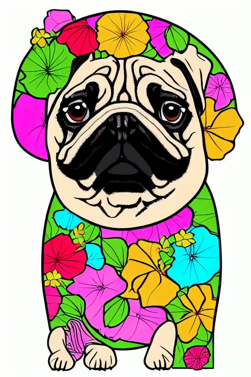 Image similar to portrait of a flower pug, art by milka oxana, sticker, colorful, illustration, highly detailed, simple, smooth and clean vector curves, no jagged lines, vector art, smooth