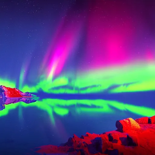 Image similar to wide wide photo of northern Lights in hell (((dynamic neon lighting)) in chromatic dmt trippy lake with glowing birds, mountains, elegant, highly detailed, sharp focus, illustration, beautiful, geometric, trending on artstation, cinematic, artwork by Tran, Ross and Aivazovsky, Ivan