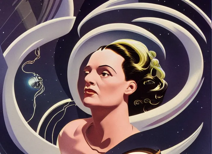 Prompt: portrait of a woman with swirling hair, illustration by Chesley Bonestell retrofuturism, reimagined by industrial light and magic