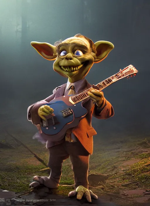 Image similar to a cute sharply dressed goblin playing the blues on an old guitar, in the style of boris valejo and terry gilliam, fantastic, dramatic lighting, smoke, mist, forest, hyperrealistic, detailed, octane render